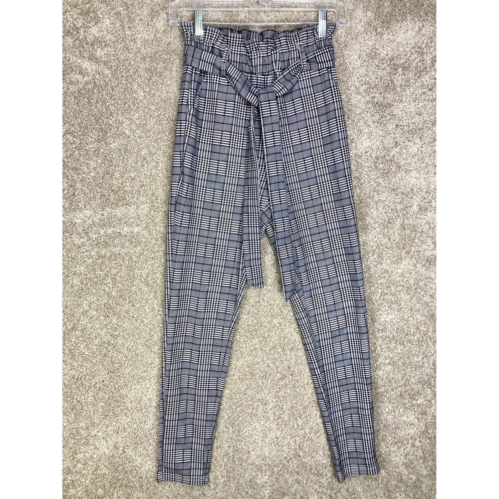 SHEIN Plaid Paperbag Waist Pants Womens XS Black White Tie Belt Office Academia